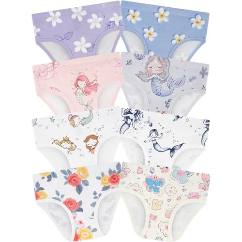 Girls' Underwear,Soft Cotton Tagless Panties for Toddlers' & Little Kids Comfort,Breathable Briefs,8-Pack 2T Bubbles-flowers-mermaid-leaves-butterfly-