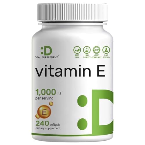 Vitamin E Supplements, 1,000 IU Per Serving, 240 Softgels – Extra Strength Antioxidant Protection – Bioavailable Stable Form – Skin, Heart, Brai
