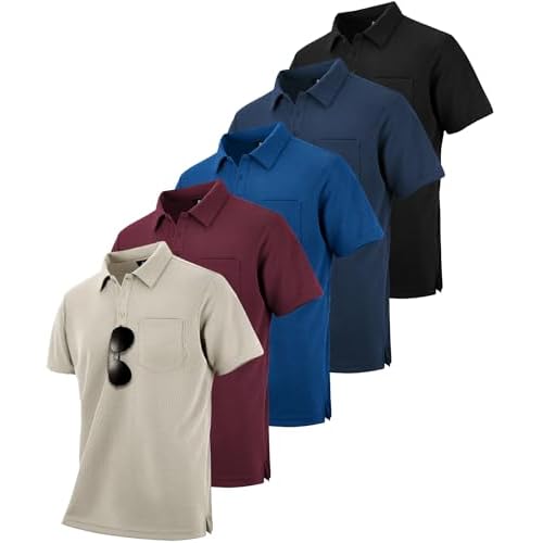 ZITY 5 Pack Polo Shirts for Men with Pocket Dry Quickly Short Sleeve Athletic Outdoor Work Collared Shirts Black+apricot+wine Red+navy+royal Blue XX-L