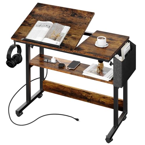 YITAHOME Height Adjustable Table with Charging Station, Portable Desk with Wheels, Small Standing Rolling Computer Desk with Tiltable Tabletop and Sto