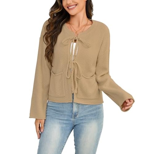 Bsubseach Cardigan Sweaters for Women Cropped Tie Front Bow Cardigan Fall Winter Long Sleeve Knit Sweater Coats with Pockets Khaki Medium