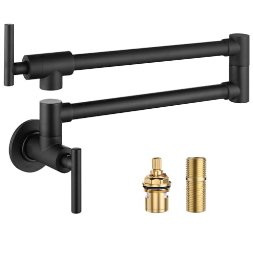 WOWOW Black Pot Filler Faucet - 304 Stainless Steel Pot Filler Over Stove, Wall Mounted Kitchen Folding Faucet with Double Joint Swing Arms