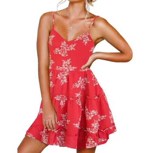 FANCYINN Women Floral Casual Tiered Mini Dresses Spaghetti Strap V Neck Backless A Line Swing Short Dress with Pockets Medium White Floral Print Red