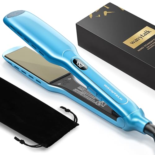 Wavytalk Hair Straightener, 1.7 Inch Wide Vent Sesh Titanium Wet to Dry Flat Iron, Straightener for Damp or Dry Hair (Blue) 1.7 Inch Blue