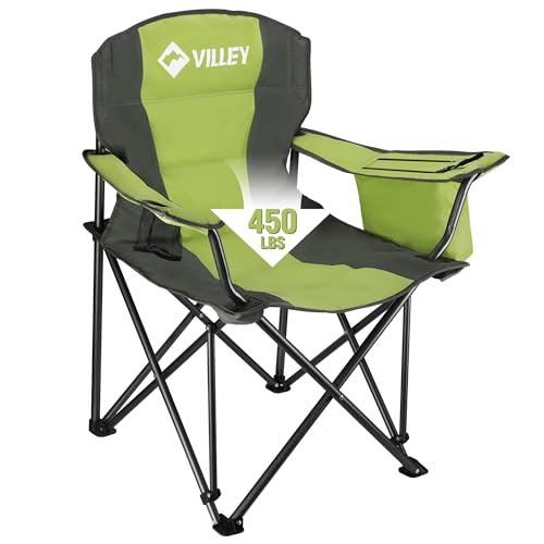 VILLEY Camping Chair, Oversized Folding Camp Chair, Portable Outdoor Chairs Support 450 LBS with Padded Seats, Cooler Bag, Cup Holder, Carry Bag, Gree