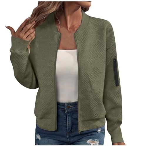 Womens Jacquard Bomber Jacket Lightweight Zip Up Knit Cardigan with Arm Pocket Autumn Fashion Sweater A02 Army Green Small
