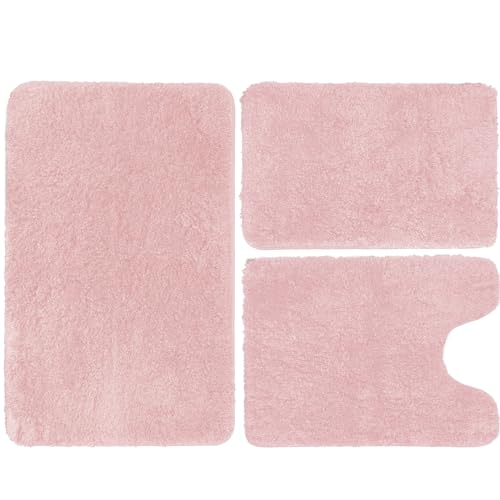 Pink Luxury Bathroom Rugs Set 3 Piece, Shaggy Bath Mats for Bathroom Non-Slip, Soft Shaggy Absorbent Microfiber Bath Mat, Machine Washable, Plush Bath