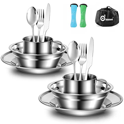 Odoland Camping Cutlery Set - Stainless Steel Tableware Mess Kit Includes Plate Cup Fork Spoon, 8 in 1 Flatware Kit with Mesh Bag - Dinnerware Utensil