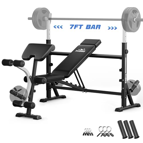 FLYBIRD Olympic Weight Bench, Adjustable Bench Press with Squat Rack, Leg Developer, Preacher Curl Pad for Home Gym, Full-Body Strength Training Equip