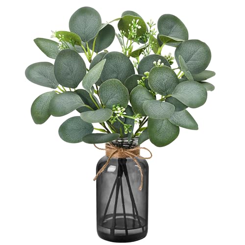 Der Rose 13.5" Fake Plants for Black Bathroom Decor Artificial Eucalyptus Stems in Black Glass Vase with Faux Water for Office Desk Accessories Farmho