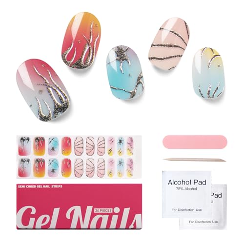 Semi Cured Gel Nail Strips, 20 pcs Gel Nail Stikers, Gel Nail Wraps Semi Cured, Salon-Quality, 2 Weeks Long Lasting - Metallic Mirage