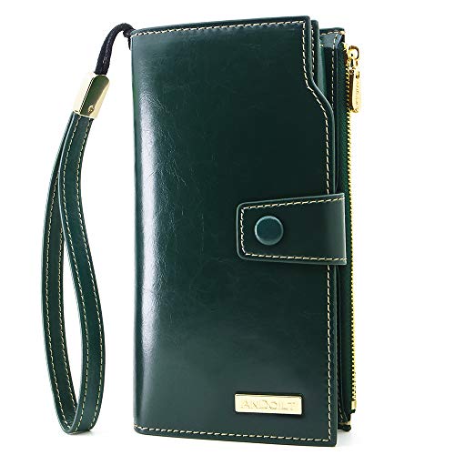 ANDOILT Women's RFID Blocking Large Capacity Luxury Wax Genuine Leather Clutch Wallet Card Holder Organizer Ladies Purse Green
