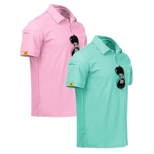 ZITY Mens 2 Pack Polo Shirts Short Sleeve Performance Sports Golf Shirt for Men Tactical Shirt Large Pink Turquoiseblue