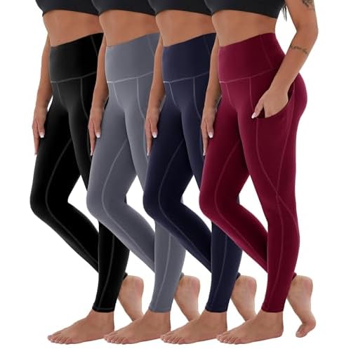 CAMPSNAIL 4 Pack Yoga Pants with Pockets for Women - High Waist Tummy Control Soft Leggings for Workout Gym 4 Pack-1black-Dark Gray-Navy-Wine Red Larg
