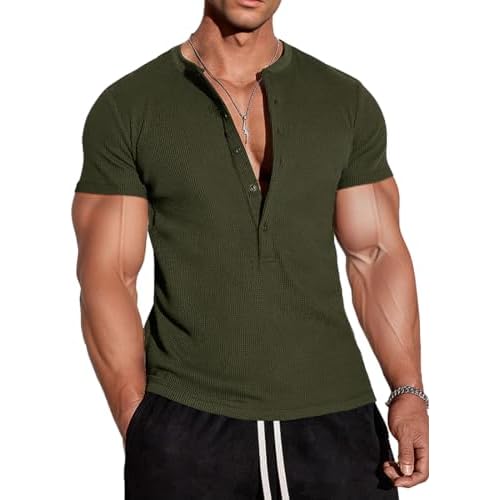 Muscle Cmdr Men's Waffle Henley Shirts Long Sleeve T-Shirt Stylish Casual 5 Button Placket Slim Fit Tee Thermal Underwear Small A-green-Short