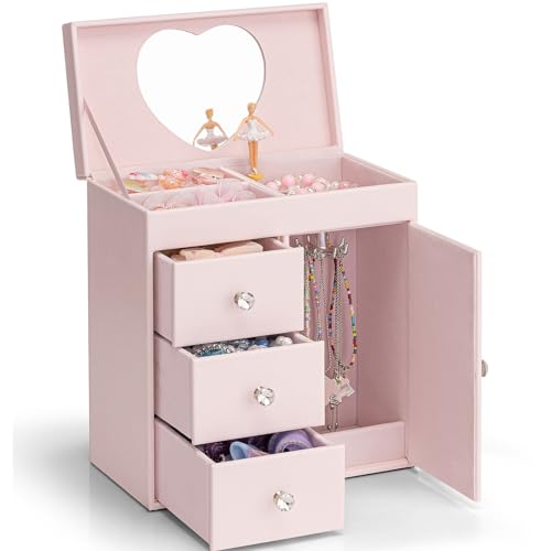 Vlando Musical Jewelry Box for Girls, Large Kid Music Box with Ballerina for Birthday Bedroom Decor, 4 Layer Girl Jewelry Gifts for Girls Kids - Light