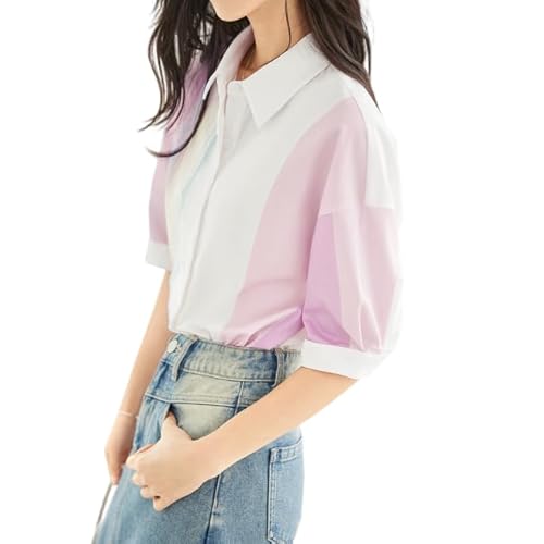 Women Puff Short Sleeve Blouse Trendy Striped V Neck Shirt Summer Business Casual Outfit Cute Babydoll Boho Loose Tops 05pink Small