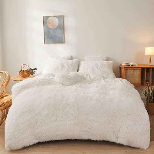 Fluffy White Comforter Cover Twin Size - Ultra Soft Plush Bedding Set 2 Pieces (1 Faux Fur Comforter + 1 Fuzzy Pillowcase) Girls Shaggy Twin Bed Set (