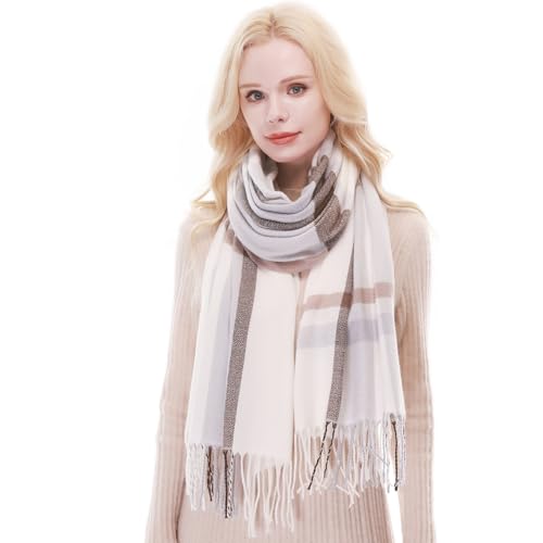 RIIQIICHY Plaid Scarf for Women Fall Winter Pashmina Scarves Wraps for Cold Weather Warm Large Ivory-Dusty Blue-Brown
