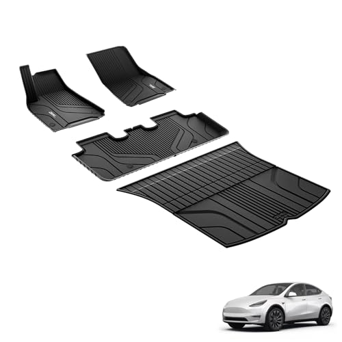 3W Floor Mats&Cargo Liner for Tesla Model Y 2026 2025 2020-2024 TPE Non-Silp Odorless All Weather Custom Fit Floor Liner for 1st 2nd Row and Trunk Mat