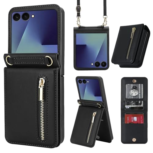 for Samsung Galaxy Z Flip 7 Luxury Zipper Wallet Phone Case, Multi-Function Kickstand Card Holder Adjustable Crossbody Strap, Fashion Flip Case.(Black