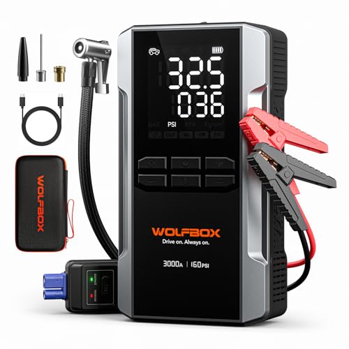 WOLFBOX 3000A Booster Pack Jump Starter with 160 PSI Air Compressor 16000mAh 12V Battery Booster (8L Gas-6L Diesel) with 65W Fast Charge, 3.8" LED Dis