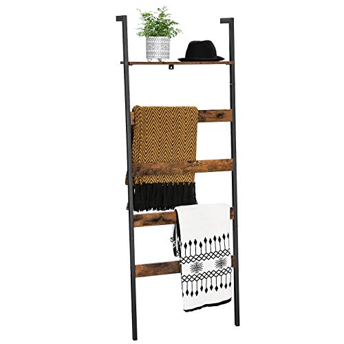 VASAGLE Blanket Ladder, Wall-Leaning Rack with Storage Shelf, for Blankets, Quilt, Towels, Scarves, Steel Frame, Industrial Style, Rustic Brown and Bl