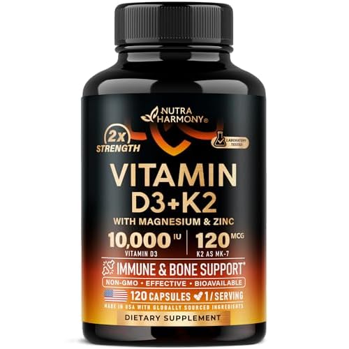 Vitamin D3 K2 - Vitamin D3 10000 iu & K2 as MK-7 120 mcg - Immune & Mood Support, for Bone & Teeth Health - with Magnesium, Zinc & Vitamin C & B12 - H