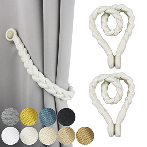 2 Pack Magnetic Soft Curtain Tiebacks Cotton Hand-Woven Tieback Holdback Home Decorative Tie Backs with Wooden Buckle for Home Office Decor (Cream, 2)