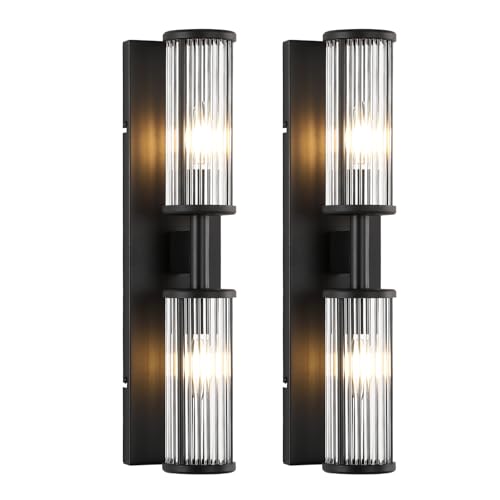 Modern Vanity Light Set of 2 - Matte Black Industrial Wall Sconces with Glass Rod Shades, Bathroom Mirror Lighting for Bedroom, Hallway, Dressing Room