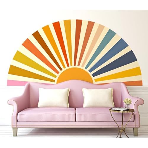 Large Boho Retro Sun Headboard Wall Decals Peel and Stick, Large Vintage Sunshine Fabric Wall Stickers, Removable Abstract Stripped Sunrise Home Decor