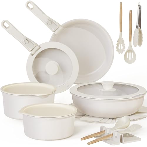 Astercook 20 Piece Ceramic Pots and Pans Set Non Stick, Cookware Set with Detachable Handle, Oven Safe, Induction Ready, Stackable RV Kitchen Cooking