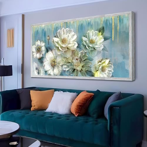 Ardemy Flowers Teal Wall Art Canvas Magnolia White Floral Picture Textured Painting Modern Turquoise Artwork for Living Room Bathroom Bedroom Home Off