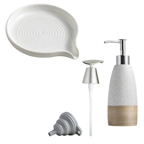 Self Draining Soap Dish, Ceramic Drain Soap Holder & 12 oz Dish Soap Dispenser Set