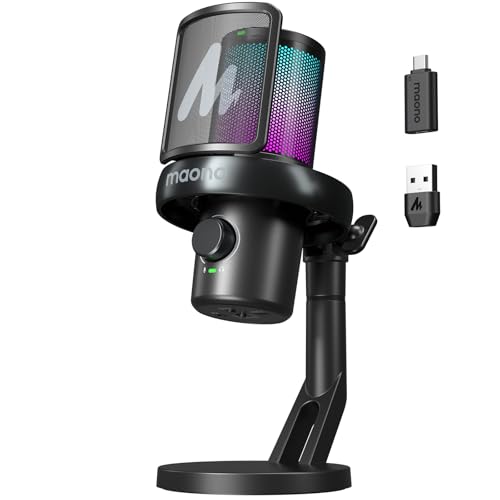 MAONO Mikrofon Kabellos für PC, Mikrofon PC mit Software-KI-Stimmänderung, 3-stufiger Rauschunterdrückung, Benutzerdefiniertem RGB-Licht, Stumm, f�
