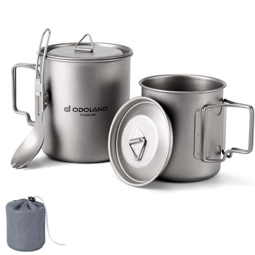 Odoland 750ML & 420ML Titanium Mugs, Camping Pot Coffee Cup with Lid and Spork, Foldable Handle for Camping, Hiking, Traveling and Backpacking 420ML +