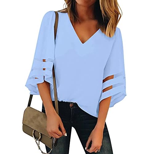 luvamia Women's Casual V Neck Blouse 3-4 Bell Sleeve Mesh Panel Shirts Loose Top Large C Powder Blue