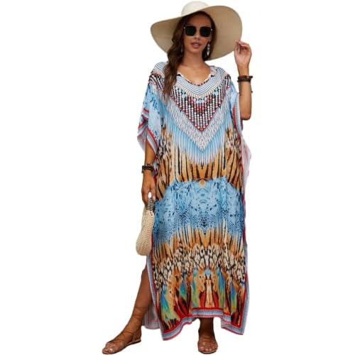 Swimsuit Cover Up Caftan Women's Vneck Flower Leopard Print Batwing Sleeve Side Split Kaftan Dresses B2