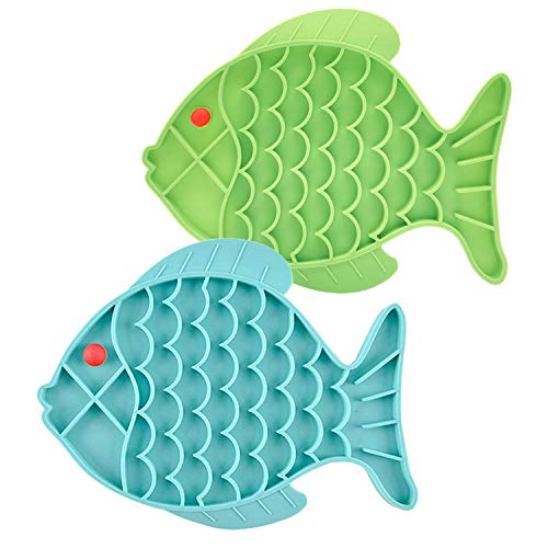 Cat Lick Treat Mat, 2 Pack Fish-Shaped Puzzle Feeder for Cats & Dogs, Anxiety Relief, Fun Alternative to Slow Feeder (Blue and Green) Double fish shap