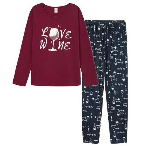 YIJIU Women's Sleepwear Long Sleeve Top and Pants Pajama Set Panda Print Nighty Small Wine Red