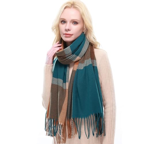 RIIQIICHY Plaid Scarf for Women Fall Winter Pashmina Scarves Wraps for Cold Weather Warm Large Bronze-Turquoise