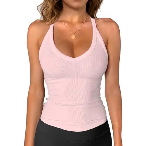 iGENJUN Womens Spaghetti Strap V-Neck Ribbed Tank Tops for Women 2025 Slim Fitted Soft Camisole Basic Layering Shirts Small Blossom Pink