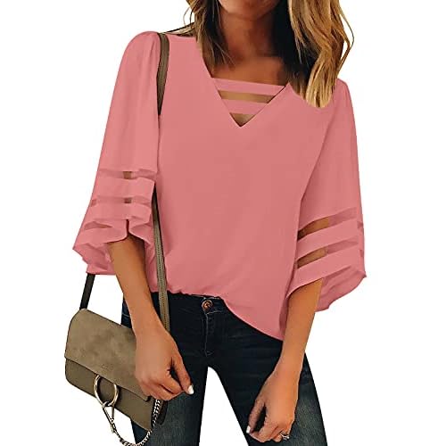 luvamia Women Casual Strappy V Neck Blouse 3-4 Bell Sleeve Mesh Panel Shirts Top Small B Rosette