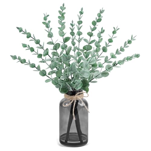 Der Rose 14.5" Fake Plants in Black Glass Vase with Faux Water Artificial Eucalyptus Stems for Centerpiece Table Decoration Black Bathroom Shelf Desk