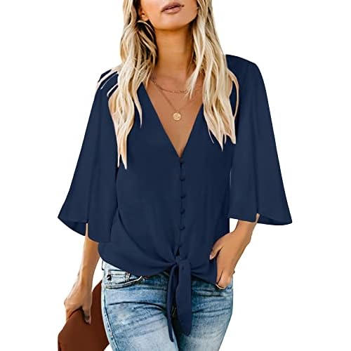 luvamia Women's Casual V Neck Tops 3-4 Sleeve Tie Knot Blouses Solid Button Down Shirts Large Estate Blue