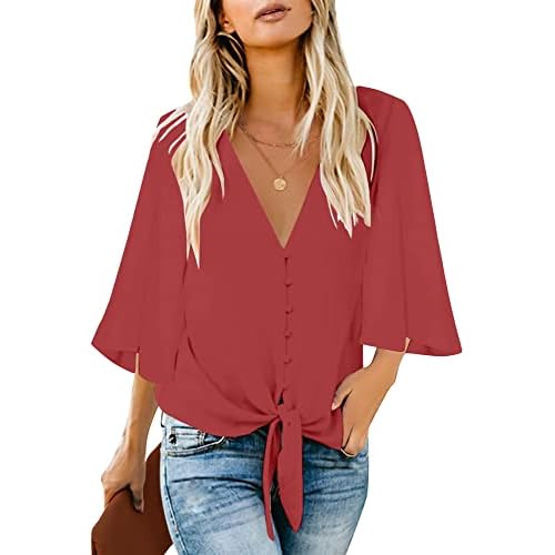 luvamia Women's Casual V Neck Tops 3-4 Sleeve Tie Knot Blouses Solid Button Down Shirts X-Large Cranberry
