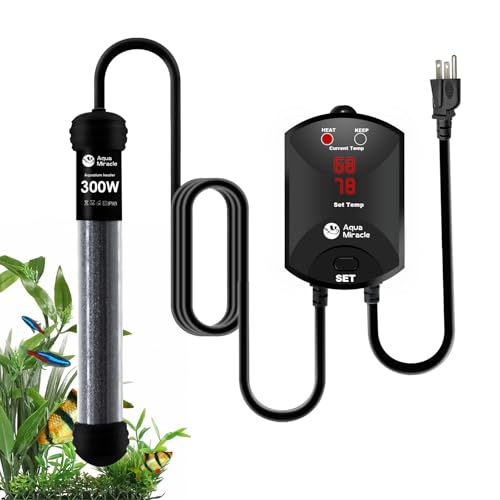 AquaMiracle 300W Small Aquarium Heater Fish Heater, Super Compact Fish Tank Heater Turtle Tank Heater for 40-60 Gal Tanks, with Dual LED Display, Dry-
