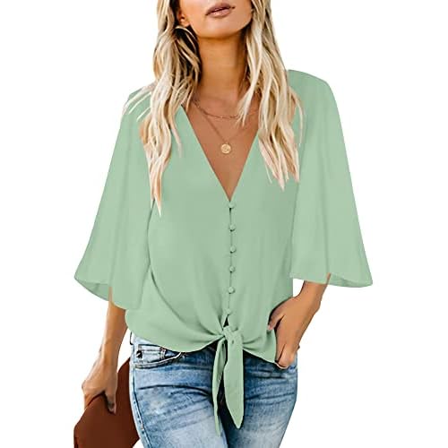 luvamia Women's Casual V Neck Tops 3-4 Sleeve Tie Knot Blouses Solid Button Down Shirts Medium Sprucestone