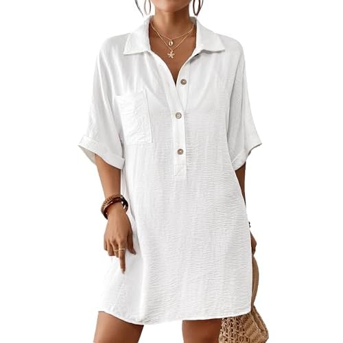 Bsubseach Cover Ups for Swimwear Women Short Sleeve Beach Swimsuit Coverup Loose Shirt Dress 2025 Vacation Outfits White Small