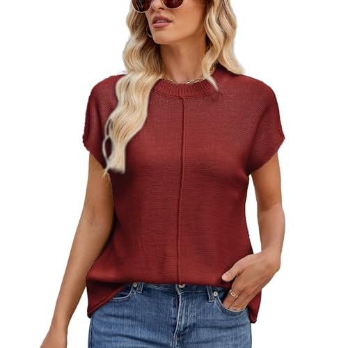 Women's Cap Sleeve Knit Sweater Summer Tank Top Casual Loose Fit Crew Neck Pullover Shirt Winered Large